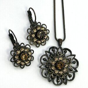 Filigree Rhinestone Pendant Necklace Earrings Victorian Revival Jewelry Set